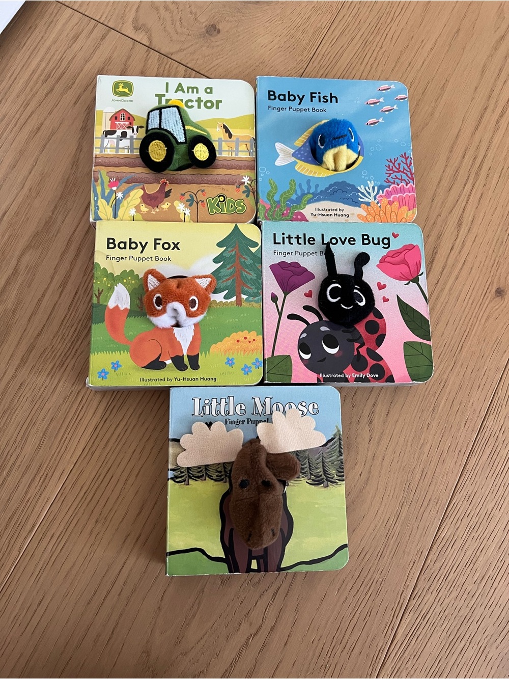 Set of 5 Plush Finger Puppet Board Books - Tractor, Fish, Fox, Ladybug, Moose
